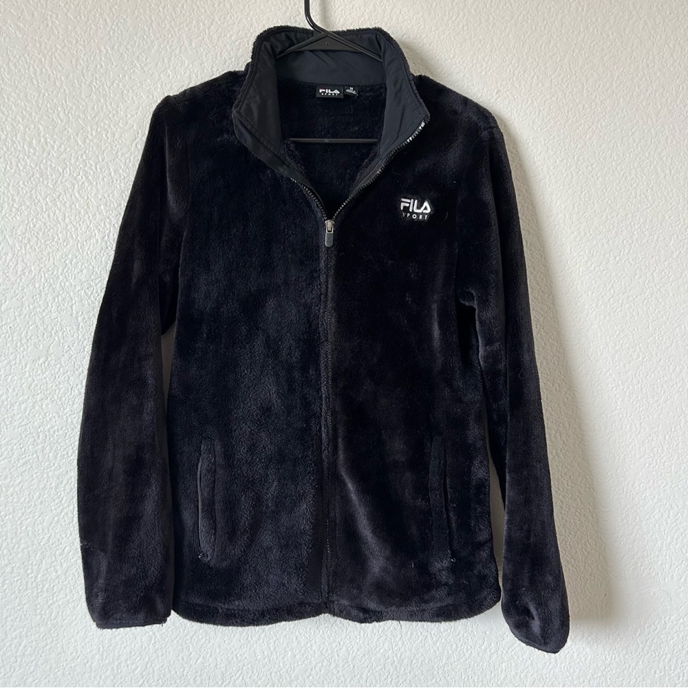 Fila Plush, Fuzzy, Cozy, Fluffy, Comfy, Black Zip-Up Jacket, Coat